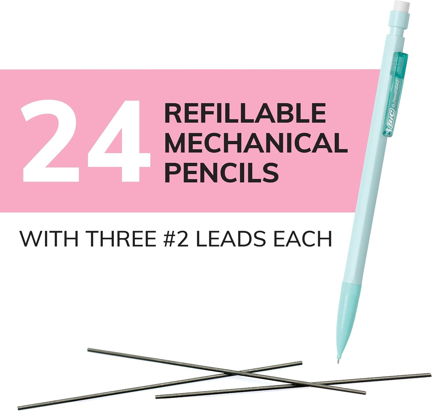 BIC Xtra-Sparkle Number 2 Mechanical Pencils With Erasers, Medium Point (0.7mm), 24-Count Pack, Mechanical Pencils for School Supplies