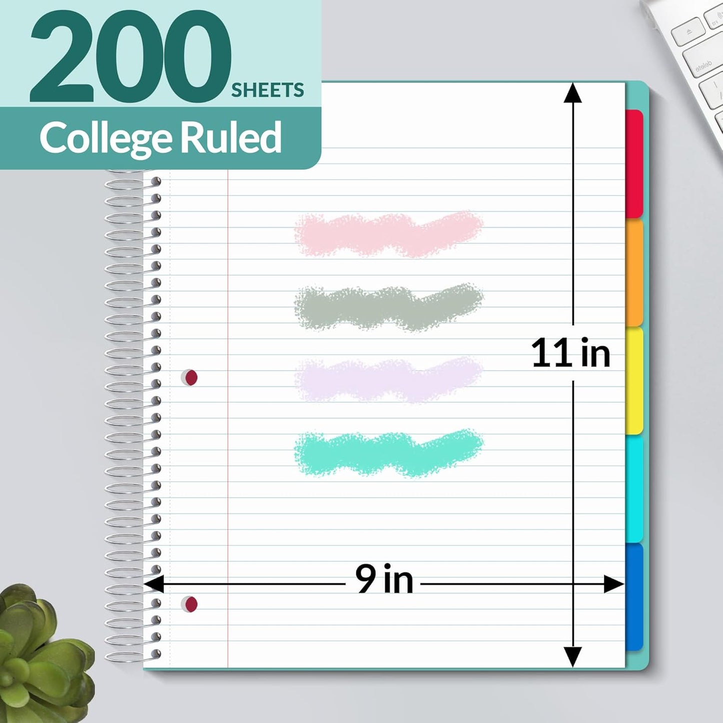 SUNEE 5 Subject Graph Paper Notebook - 400 Pages, 9"x11", 4x4 Graph Ruled Notebook, 5 Pocket Colored Dividers, 3-Hole Punched Paper, Black