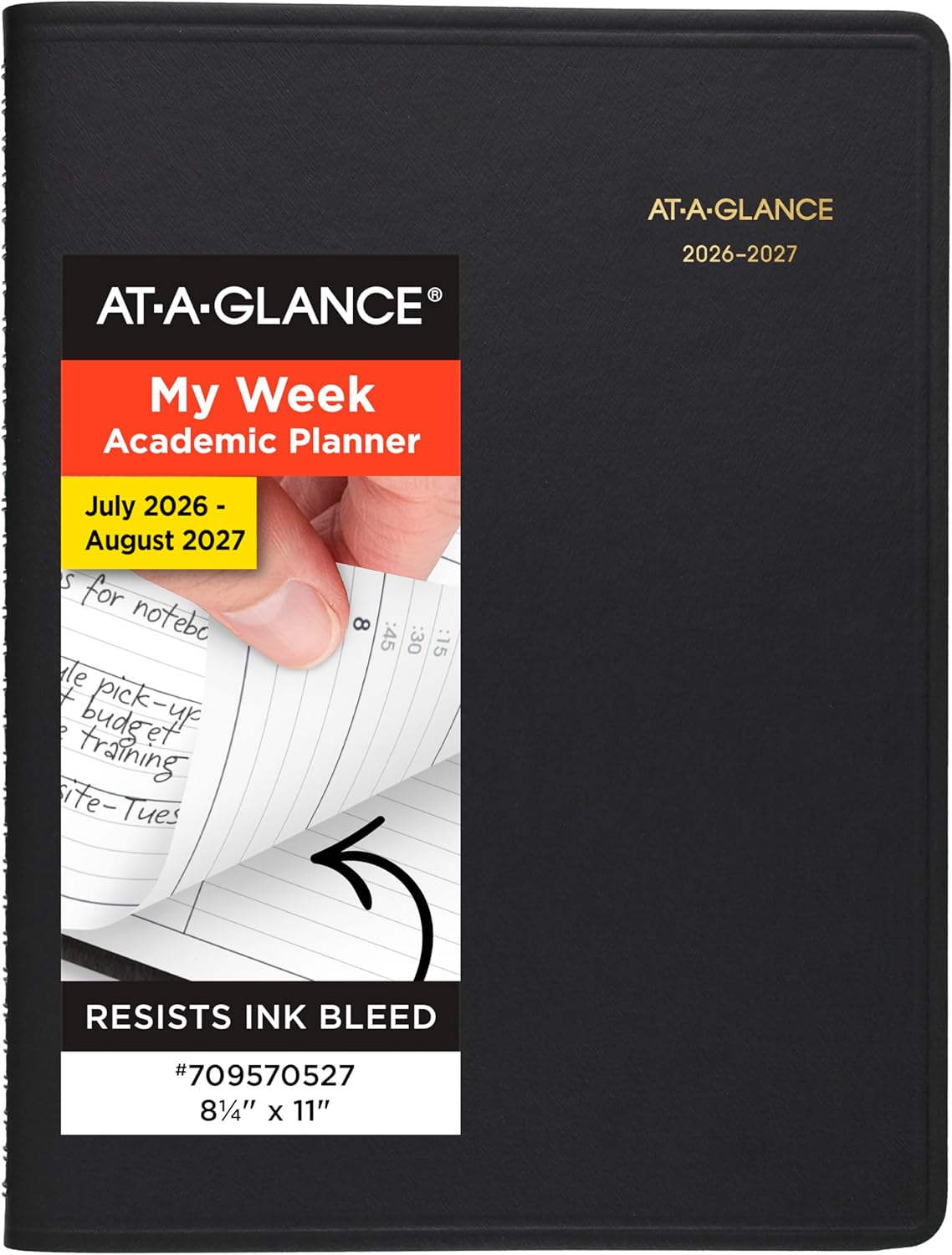 AT-A-GLANCE Planner 2026-2027 Weekly Academic 14-Month July-August, Quarter-Hourly Appointment Book, 8-1/4" x 11", Black (7095705)