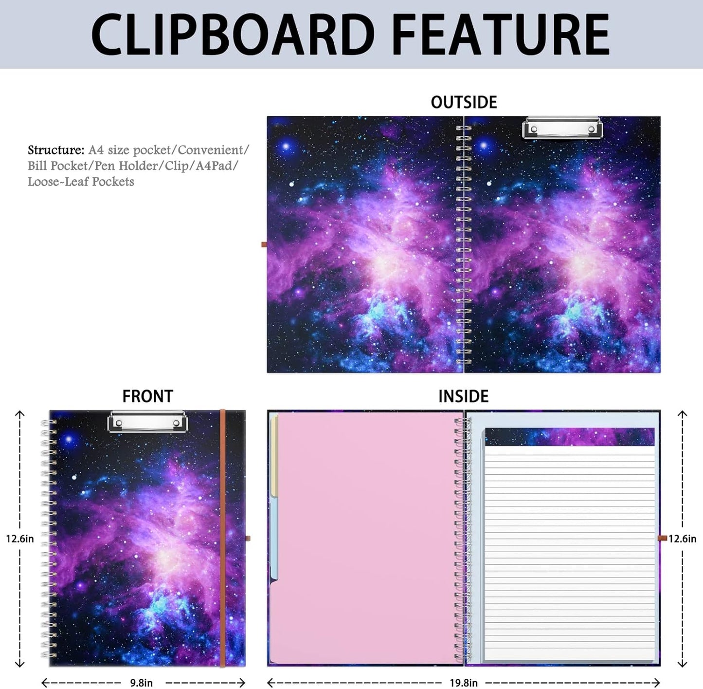 Rimilak Spiral Clipboards Folio with Refillable Lined Notepad, 14.5 x 9.8 In, Hardcover Cover with 5 Interior Pockets, Elastic Band and Pen Loop Series. Cute Stylish Clipfolio, Daisy Flower