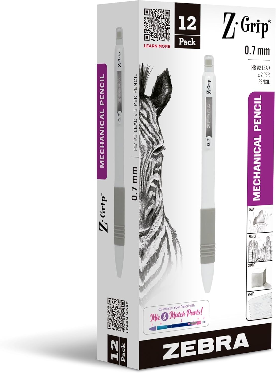 Zebra Pen, Z-Grip Mechanical Pencil, Smooth Writing, Latex-Free Grip, 0.7mm Lead, #2 HB, Pre-Loaded with Lead and Eraser, for School, Office, Everyday Use, Refillable, Clear Barrel, 24-Pack, (15241)