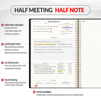 SUNEE Half Meeting Half Note 7"x10" Notebook for Work – 140 Pages, B5 Size Project Planner for Women&Men, Minutes Organizer for Meeting Notes, Ideas for Office/Business, PVC Waterproof Cover, Black