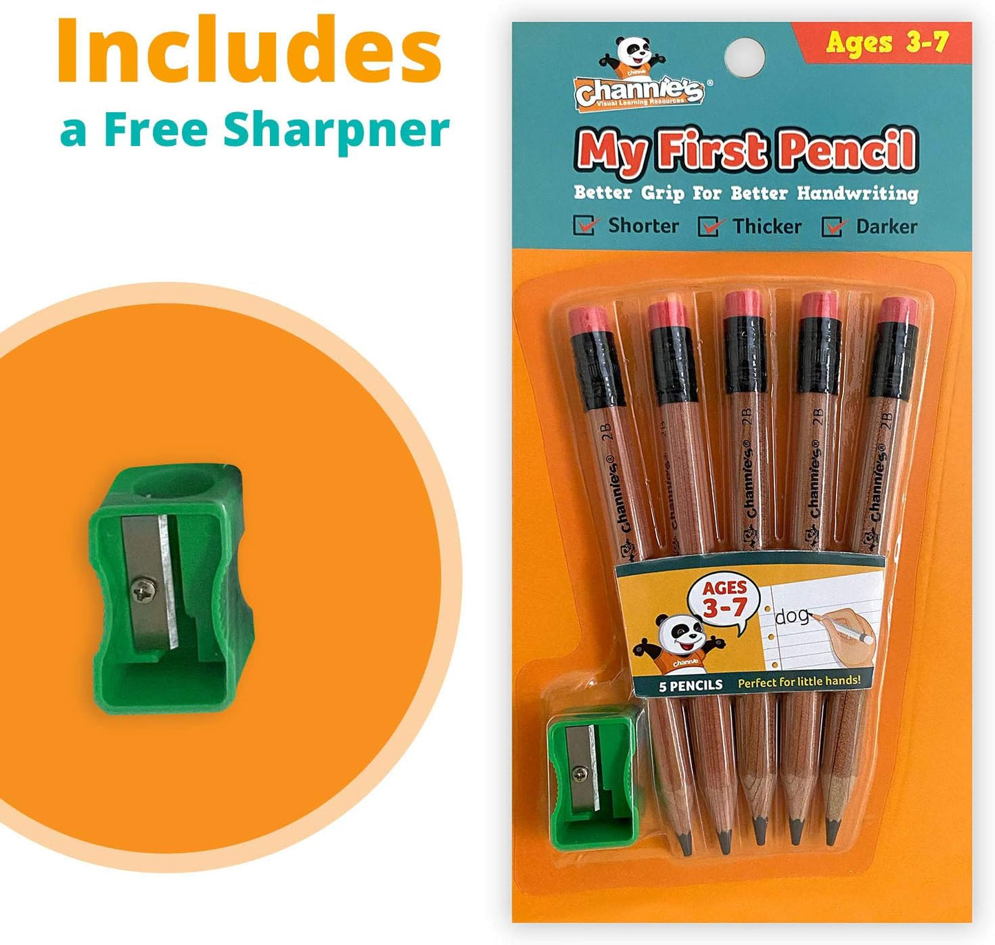 Channie's My First Pencil, Easy-to-Hold Jumbo Pencils for Preschoolers, Kindergarteners & 1st Graders, Brown Wooden 2B Fat Pencils for Kids Ages 3-7, 2 Pack (5 Each) + Sharpener