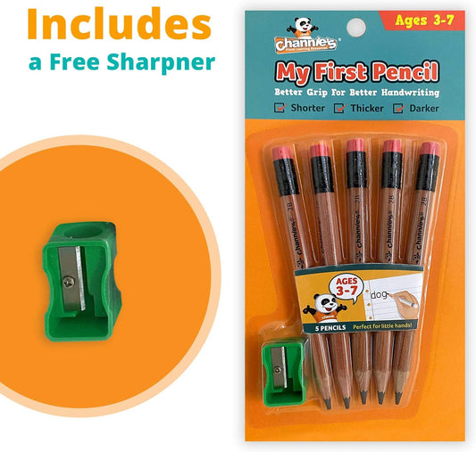Channie's My First Pencil, Easy-to-Hold Jumbo Pencils for Preschoolers, Kindergarteners & 1st Graders, Brown Wooden 2B Fat Pencils for Kids Ages 3-7, 2 Pack (5 Each) + Sharpener