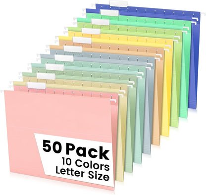 25-Pack Green Hanging File Folders, Letter Size (8.5" x 11") with 1/5-Cut Tabs,Includes 35 Transparent Label Cards & 50 Sticker Labels for Home & Office Organization