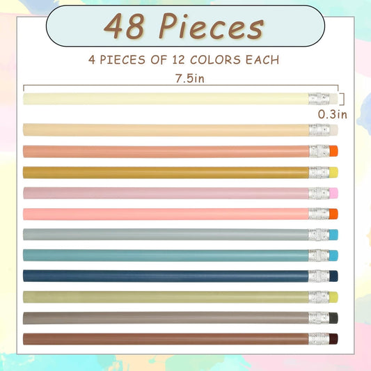 Whaline 48Pcs Colorful Pencils with Erasers Back to School Rainbow Color Wooden Pencil Unsharpened Writing Drawing Pencil for Students Graduation School Office Stationery Gift