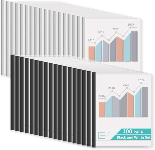 Binditek 12 Pack Heavyduty Clear Report Covers with Sliding Bars, 110 Sheet Capacity, 15mm Sliding Bar File Folder, Letter Size, 8 Mil Thick, Black, for Students and Coworkers
