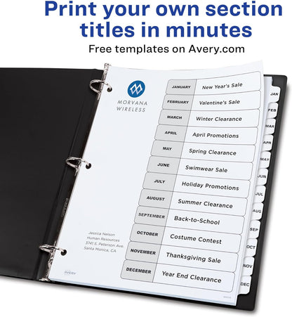 Avery Jan-Dec Dividers for 3 Ring Binders, 12 Tabs per Set, Customizable Table of Contents, Classic White Tabs, Great for Organizing Reports, Projects, and More (11126)