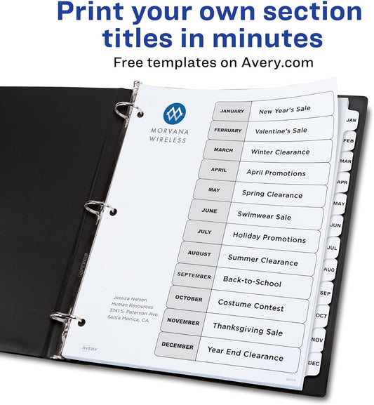 Avery Jan-Dec Dividers for 3 Ring Binders, 12 Tabs per Set, Customizable Table of Contents, Classic White Tabs, Great for Organizing Reports, Projects, and More (11126)