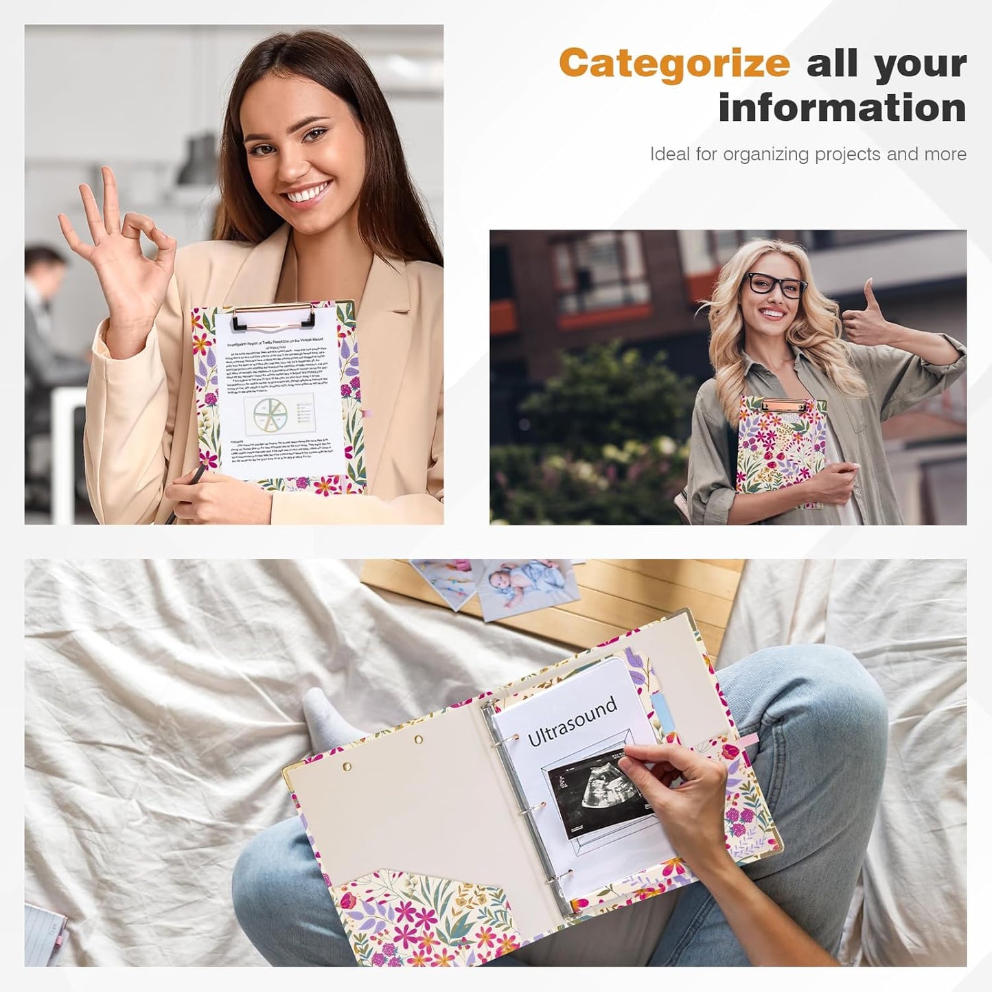 Ospelelf Binder 3 Ring 1 Inch, Floral Round Ring Clipboard Binder for Letter Size with 5 Tab Dividers, File Folder Labels, for School and Office Supplies