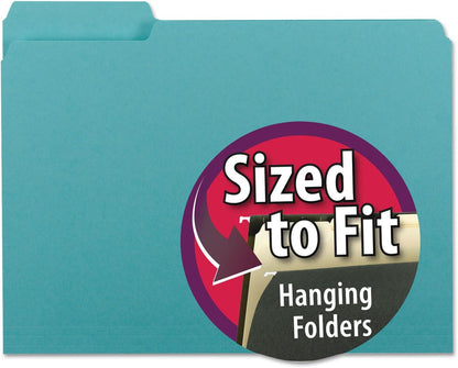 Smead Interior File Folder, 1/3-Cut Tab, Letter Size, Aqua, 100 per Box, Expandable File Folders for Filing Cabinet