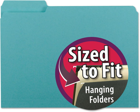 Smead Interior File Folder, 1/3-Cut Tab, Letter Size, Aqua, 100 per Box, Expandable File Folders for Filing Cabinet