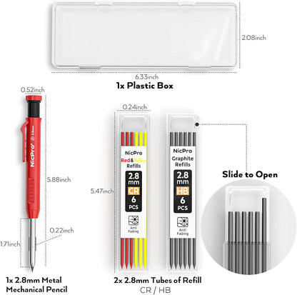 Nicpro Carpenter Pencil with Sharpener, Mechanical Pencils Set with 26 Refills, Deep Hole Marker for Construction, Heavy Duty Woodworking Tools for Architect (Black, Red) - With Case