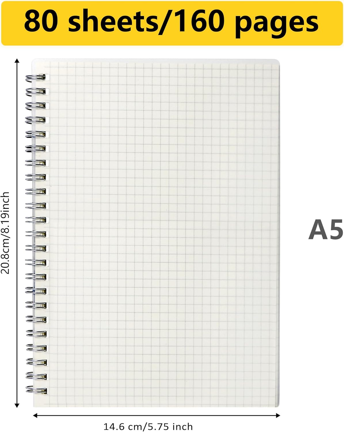 Smilo 3 Pack Spiral Notebook,A5 Graph Paper Notebook,5.7" x 8.3",80 Sheets (160 Pages),100 GSM Thick Paper,Transparent Hardcover,Journals for School,Office, Writing,Math,Engineering,Note Taking