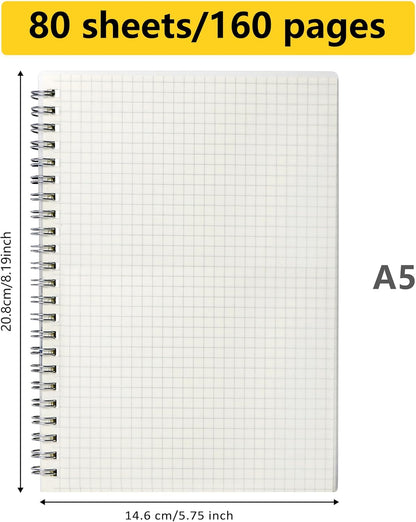Smilo 3 Pack Spiral Notebook,A5 Graph Paper Notebook,5.7" x 8.3",80 Sheets (160 Pages),100 GSM Thick Paper,Transparent Hardcover,Journals for School,Office, Writing,Math,Engineering,Note Taking
