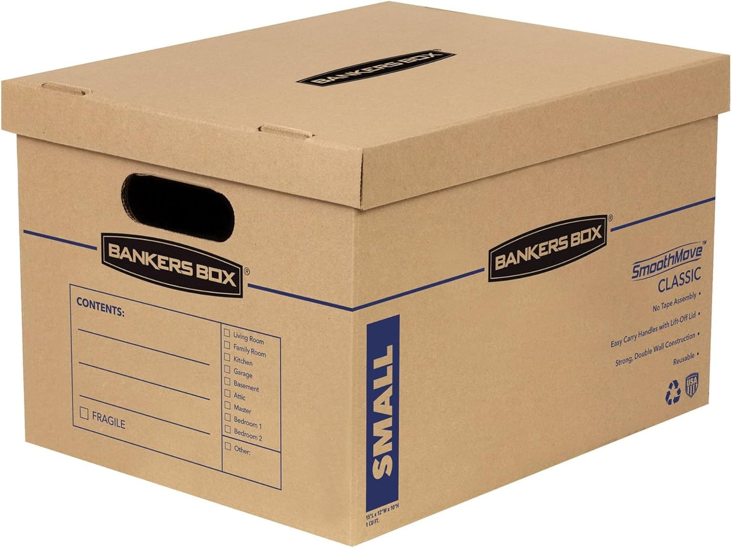 Bankers Box Small Classic Moving Box, 10-Pack, Reinforced Handles, Tape-Free Assembly, 15 x 12 x 10 Inches (7714901)