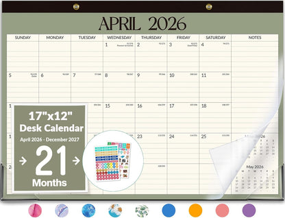 Forvencer Desk Calendar 2026-2027, 21 Months Calendar Runs from April 2026 to December 2027, 17" x 12" Large 2026 Wall Calendar Monthly Planner with Plastic Cover for Home School Office