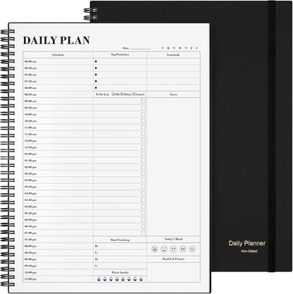 Daily Planner Undated, Asten To Do List Notebook Hourly Schedules Spiral Appointment Planner for Men and Women,PVC Hardcover,Elastic Closure, Inner Pocket 8.3" x 5.8" (Black)