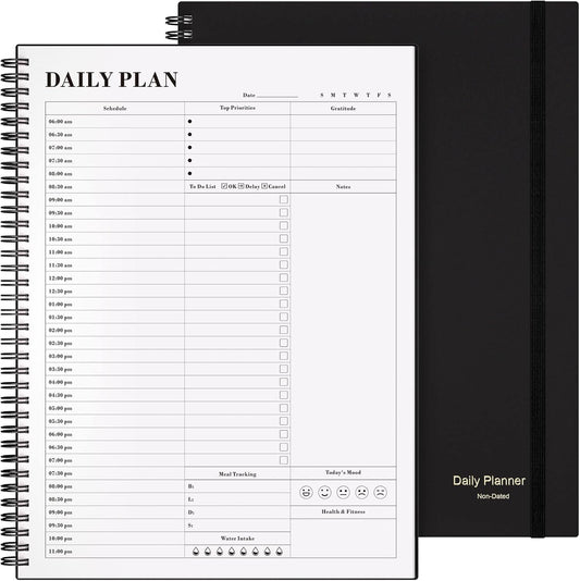 Daily Planner Undated, Asten To Do List Notebook Hourly Schedules Spiral Appointment Planner for Men and Women,PVC Hardcover,Elastic Closure, Inner Pocket 8.3" x 5.8" (Black)