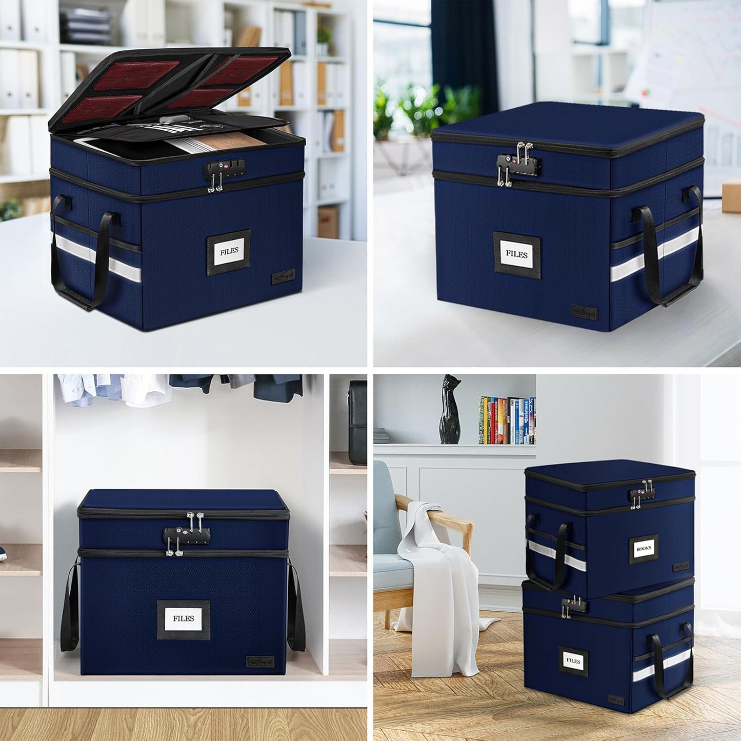 ETRONIK Fireproof Document Box with Lock, 2 Layer File Cabinet Organizer with 5 Tab Inserts, Portable Office Collapsible File Storage with Reflective Strip for Hanging Letter, Legal Size Folder