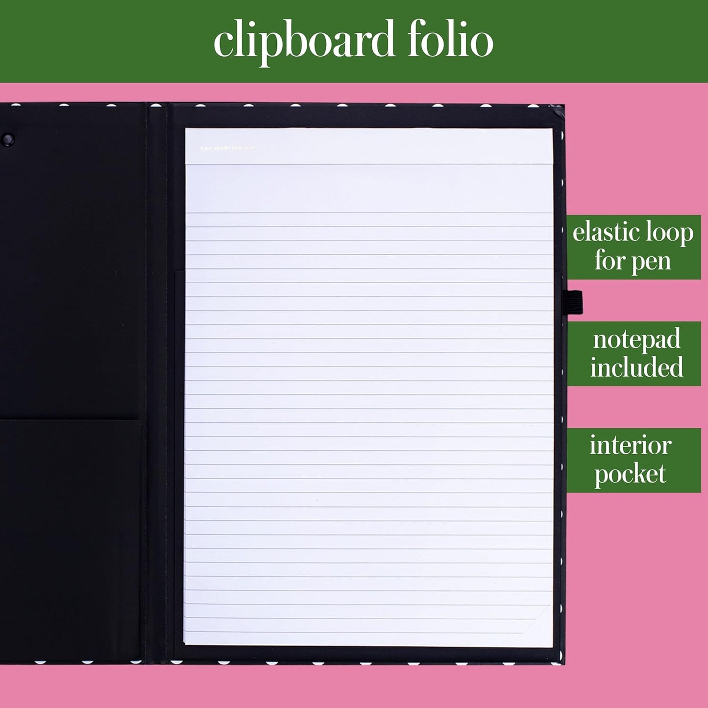 Kate Spade New York Clipboard Folio with Low Profile Clip, Black Professional Padfolio Includes Lined Notepad, Pen Loop, and Pocket, Polka Dots
