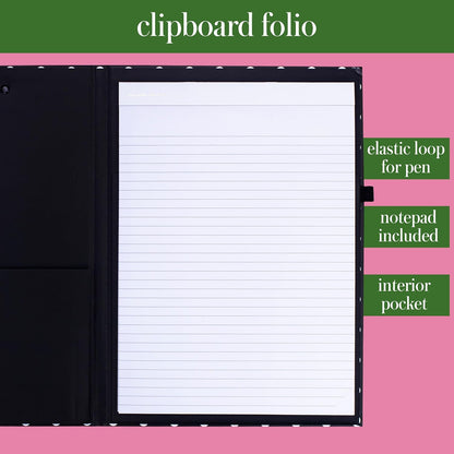 Kate Spade New York Clipboard Folio with Low Profile Clip, Black Professional Padfolio Includes Lined Notepad, Pen Loop, and Pocket, Polka Dots