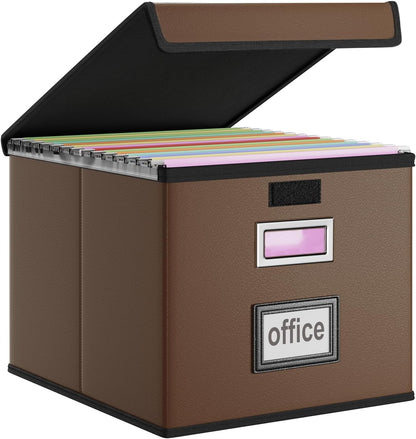Huolewa Upgraded Portable File Organizer Box with Lid, Collapsible Linen Hanging Filing Storage Boxes with Plastic Slides, Decorative Home/Office Filing System Box for File and Folders Storage (Gray)