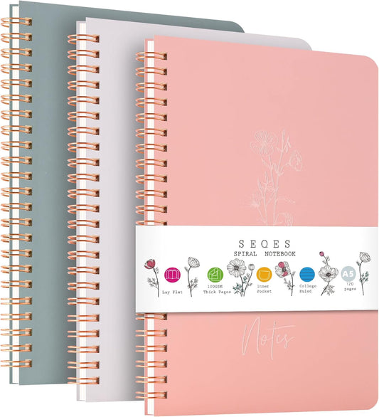 Spiral Notebook 3 Pack - 100GSM Smooth No-Bleed Paper,120 Pages A5 8.26x5.7 Inch, 7mm Ruled Pages, Inner Pocket | Journal Writing, College, Office Meetings (BEIGE AND GREEN AND APRICOT)