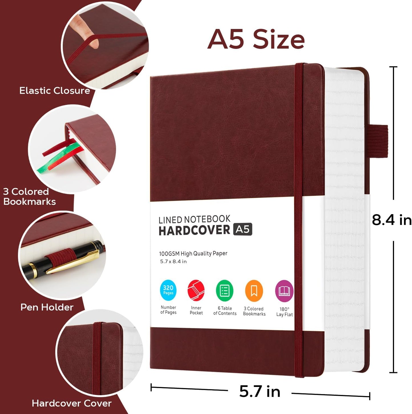 Hardcover Lined Notebook Journal for Writing, 320 Pages Leather Thick College Ruled Notebook Journal with 100GSM Paper, A5 (5.7'' X 8.4'') Daily Journal for Women Men Work Organization, Black