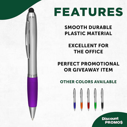 DISCOUNT PROMOS Custom Stylus Ballpoint Pens Set of 10/50/100, Personalized Bulk Pack - Black Ink, Great for Office, School, Business, Tradeshows, Events - Purple