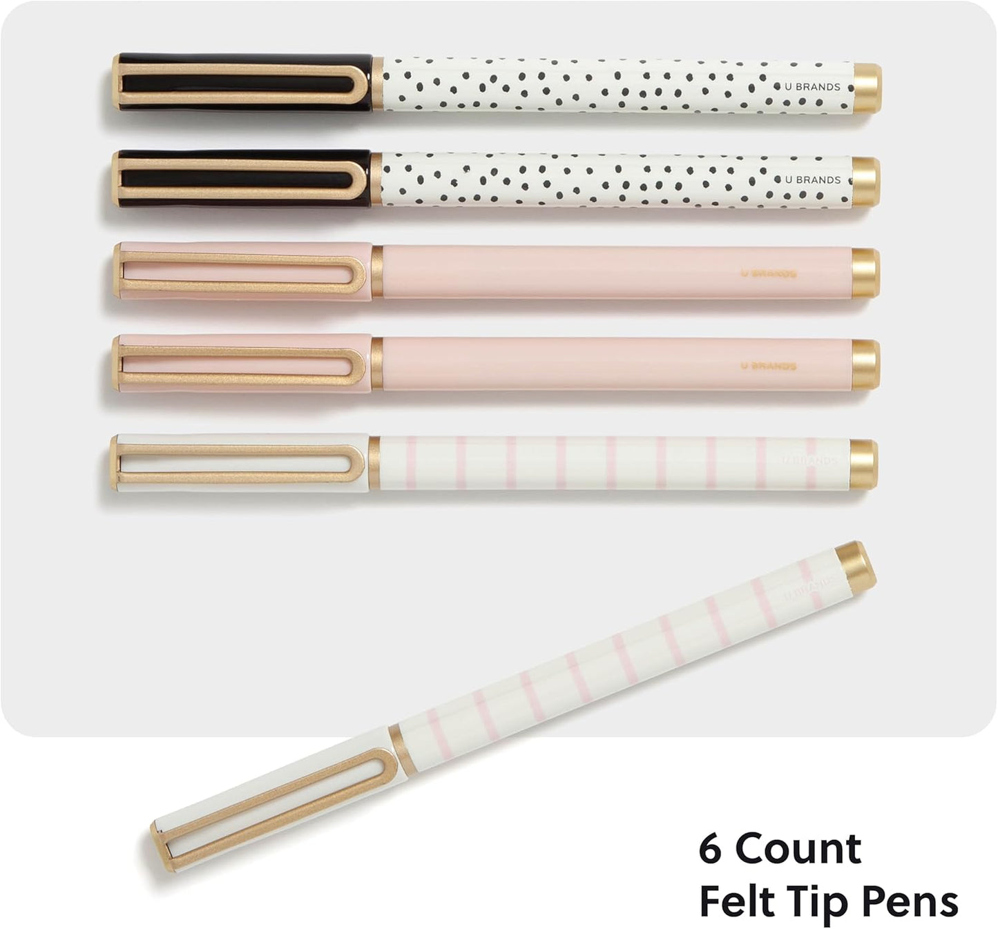 U Brands Catalina Felt Tip Pens, Set of 6 Black Ink Pens, Soft Touch Jewel Tones, Gold Details, Medium (0.7 mm) Point
