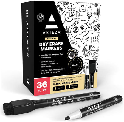 ARTEZA Black Dry Erase Markers with Erasers – Pack of 36 Magnetic Fine Tip Whiteboard Pens with Low-Odor Ink for Office & Home Use
