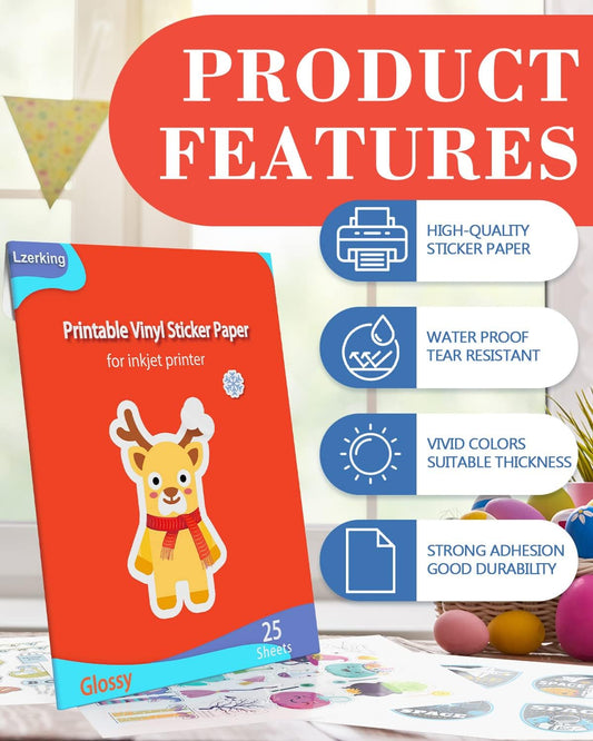 Lzerking Glossy Printable Vinyl Sticker Paper for Printer - 100 Sheets White Quick-Drying Waterproof, for Inkjet & Laser Printers, Compatible with Cricut for Small Business DIY Crafts 8.5x11in