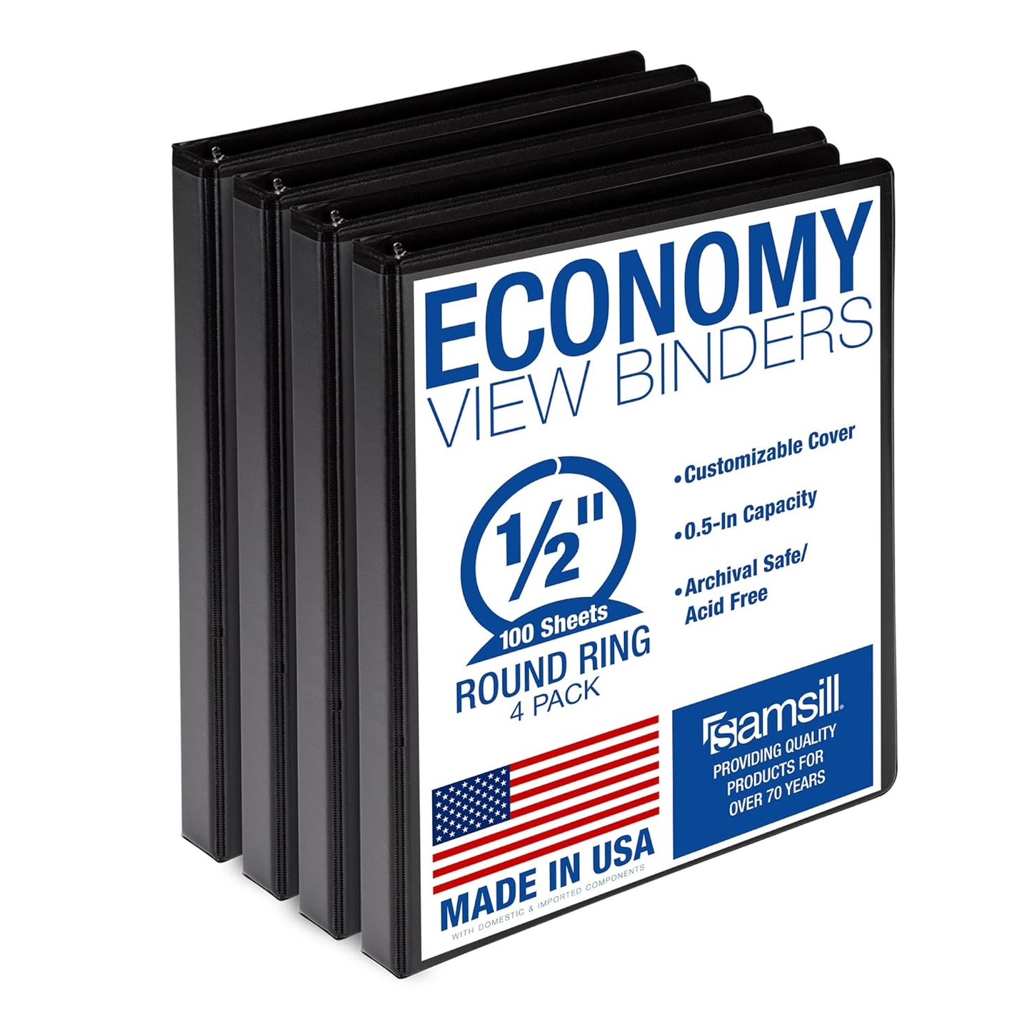Samsill 3 Inch 3 Ring Binders, Economy Round Ring, Clear View Cover, 550 Sheet Capacity - for School, Home, Office - Black, 4 Pack