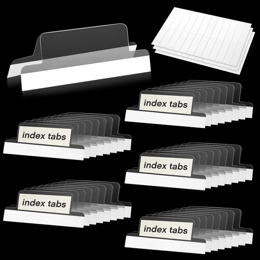 Gueevin 100 Pieces 1.5 Inch Insertable Self Adhesive Index Tabs with Paper Printable Inserts Clear Plastic Sticky File Folder Labels Hanging File Tabs for Notebooks Book Page Folders