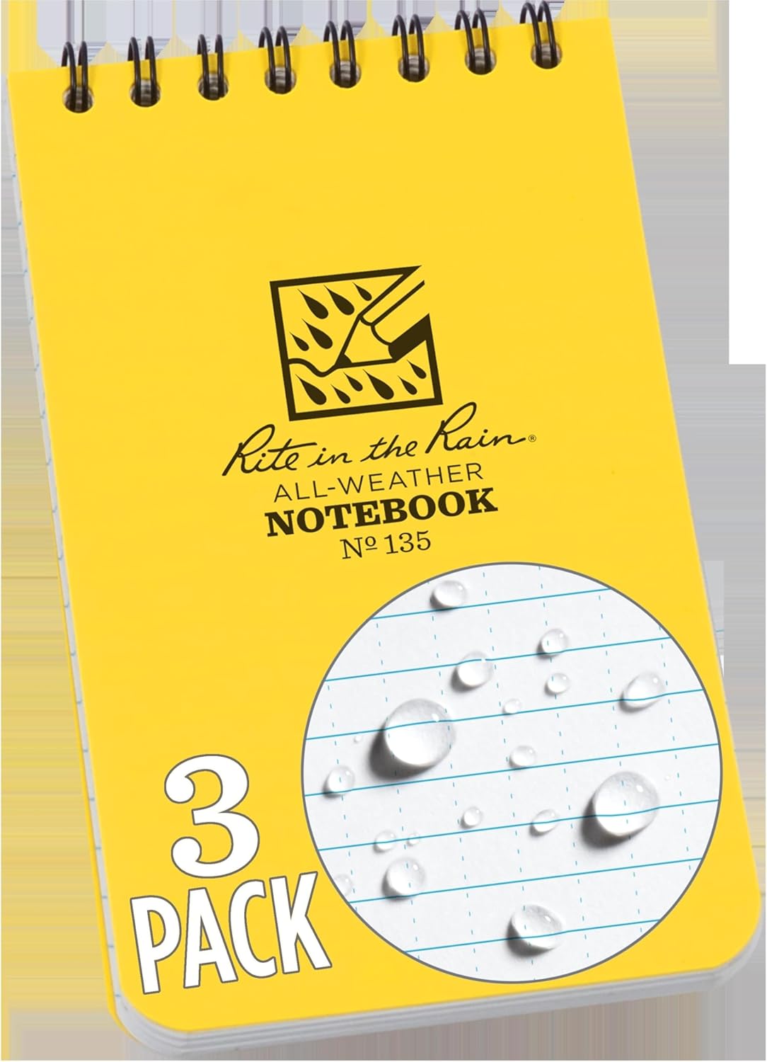 Rite in the Rain Weatherproof Top Spiral Notebook, 3" x 5", Black Cover, Universal Pattern, 3 Pack (No. 735-3X)