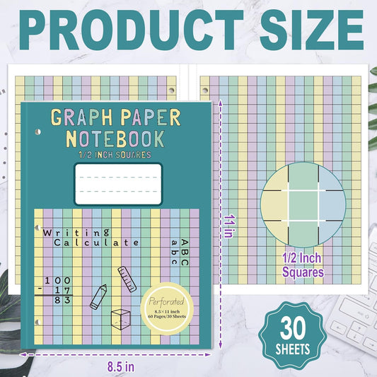 1 Pack Colored Graph Paper Notebook 8.5"x 11" Large Square Graph Paper for 3 Ring Binder 1/2 Inch Squares Math Grid Notebook 3 Hole Punch Graph Writing Paper for Kids School Dyslexia Dysgraphia