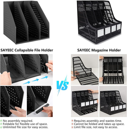 SAYEEC 1Pcs Collapsible Plastic Magazine File Holder Vertical Binder Storage Organizer for Desk Sturdy Upright Desktop Magazine Organizer Folder Rack for Office School Home (3 Compartments, Gray)