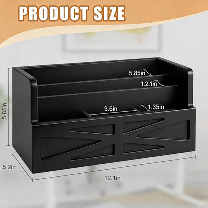 Rustic Wood Mail Organizer Countertop with 4 Slots, Black Mail Holder for Desk, Removable Dividers Mail Sorter, Letter Bill File Organizer for Home Office Classroom, Desktop Organizer with Free Labels