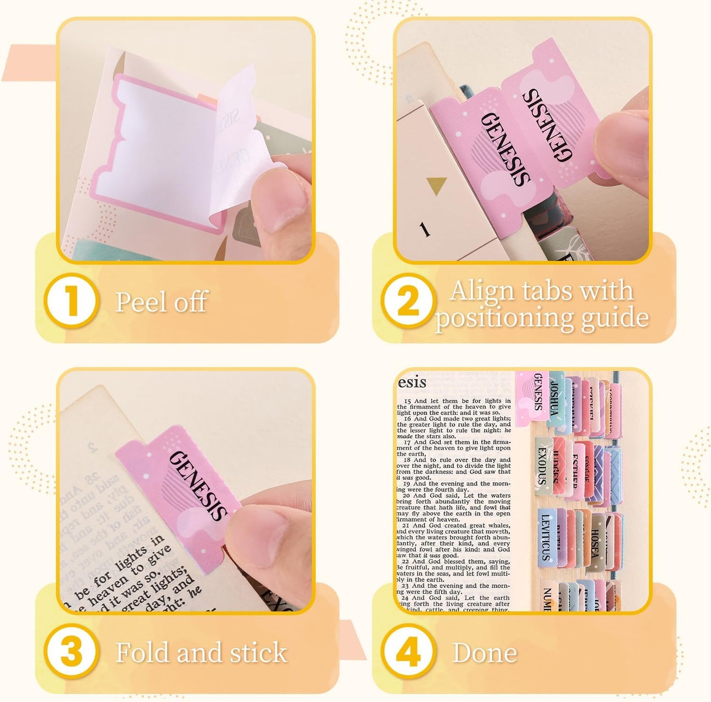 Laminated Bible Tabs, Gold Foil Embossed Lettering Bible Chapter Index Tabs for Women Men, Reposition Large Print Sticky Labels, Easy to Read and Apply, 105Chapters Labels for Easy Navigation (Black)