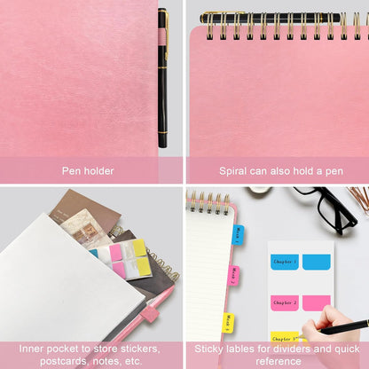 A5 Top Spiral Notebook, Large Leather Hardcover Top Bound Steno Pads, 240 Pages 100 gsm Thick Lined Paper Left Handed Notebook Journal for Work, School, Meeting Writing - Brown, 5.9" x 8.5"