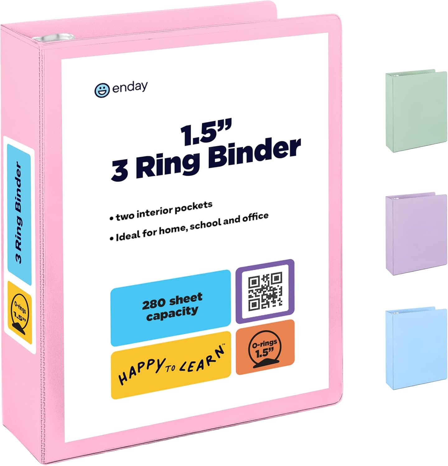 Enday 1.5 Inch Binder, Green - 1.5 Inch 3 Ring Binder, Round Ring Pastel with Clear View Cover for Letter Size 8.5 x 11'' Paper & 2 Inside Pockets, Ideal for School Supplies, Office, and Home