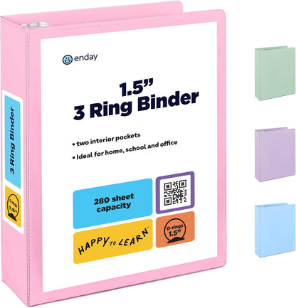 Enday 1.5 Inch Binder, Green - 1.5 Inch 3 Ring Binder, Round Ring Pastel with Clear View Cover for Letter Size 8.5 x 11'' Paper & 2 Inside Pockets, Ideal for School Supplies, Office, and Home