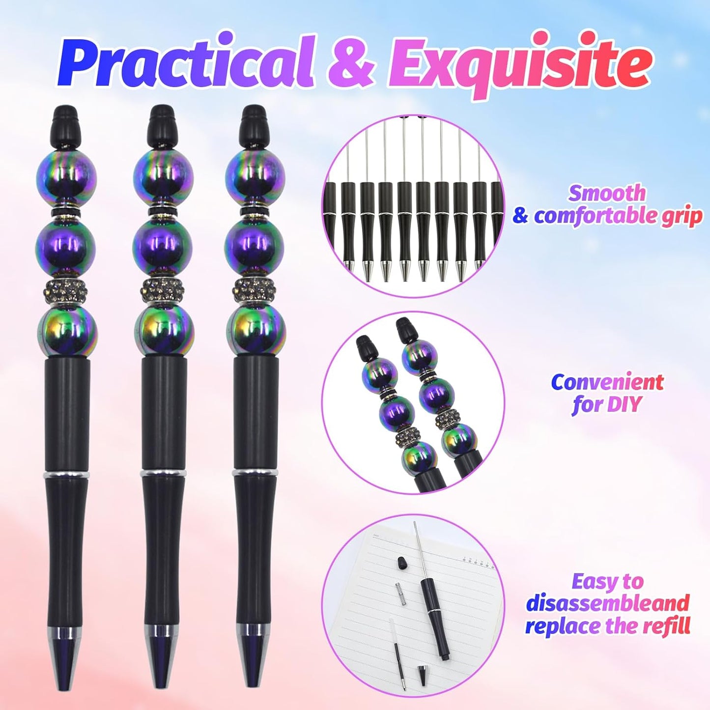 150 Pieces DIY Beadable Pen Kit – 50 Plastic Ballpoint Pens with Refills & Bags, Beads Not Included – School Supplies, Office Accessories & Craft Gifts for Students & Teachers (Multicolor)