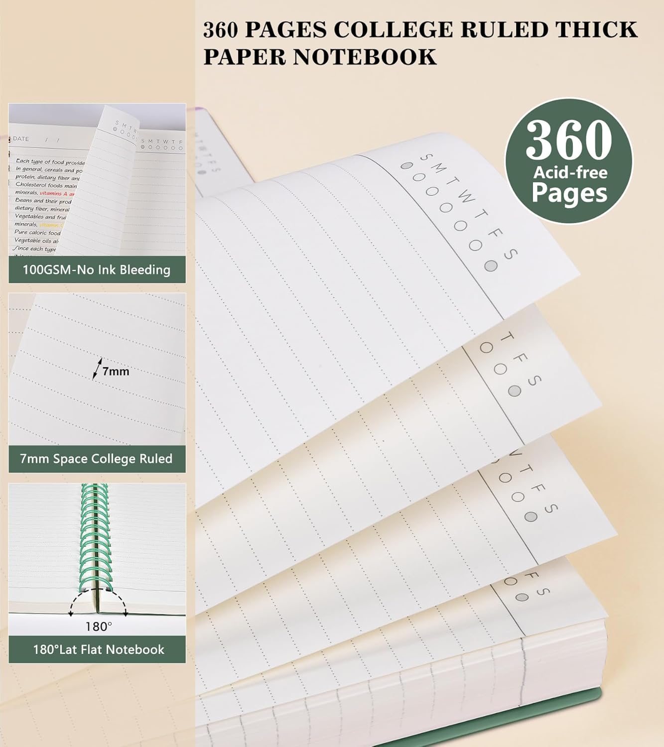 MUAHLIUB Spiral Notebook Journal College Ruled, 360 Pages Lined Thick Journals for Women Men, B5 Big Notebooks with 100GSM Paper, Spiral Bound Journaling for Writing Work School Black 7.6"×10"