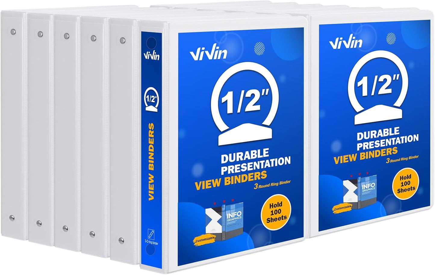 3 Ring Binder 1-1/2 Inch, ViVin Sturdy 1.5"-Round Ring Binder with 2 Interior Pockets, Clear View Cover, PVC-Free, Fits 300 Sheets of 8.5'' x 11'' Paper, Office Home School (6 Pack, White)