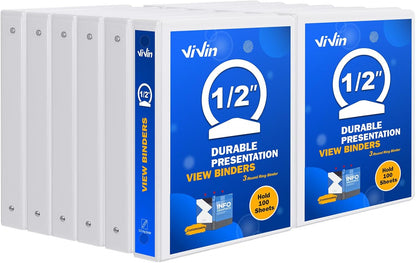 3 Ring Binder 1-1/2 Inch, ViVin Sturdy 1.5"-Round Ring Binder with 2 Interior Pockets, Clear View Cover, PVC-Free, Fits 300 Sheets of 8.5'' x 11'' Paper, Office Home School (6 Pack, White)