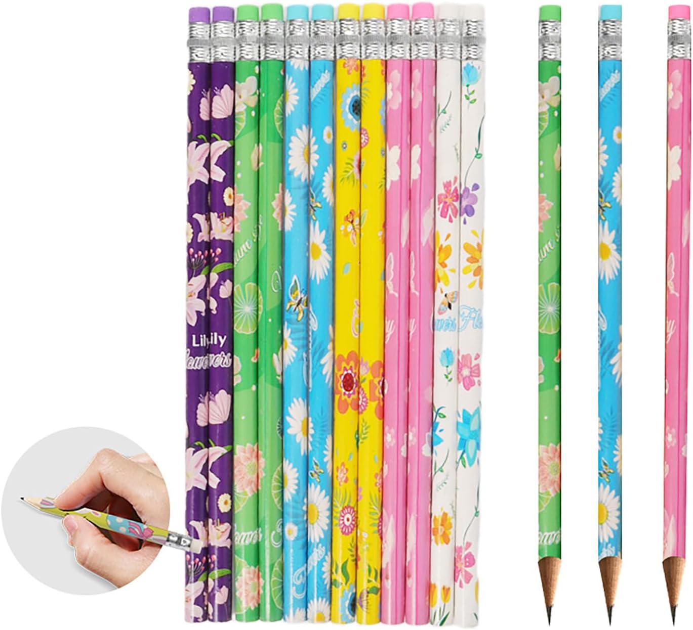 48 pcs Flowers Pencils with Eraser Wood Pencils Bulk for Writing and Drawing (Flowers, 48)
