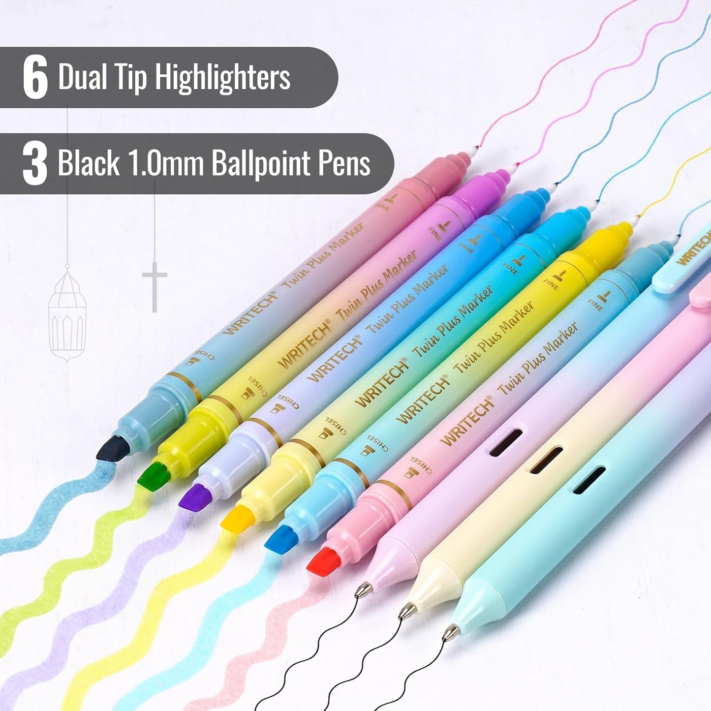 WRITECH Bible Mate Journaling Set: No Bleed Bible Highlighters & 0.7mm Black Ink Ballpoint Pens, Fast-Drying Ink, Pastel Colors Highlighter, Journaling Kit, 9ct
