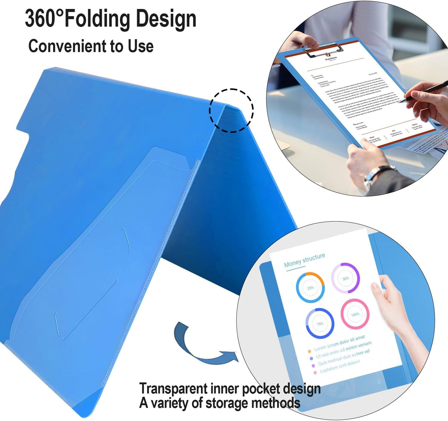 Clipboard Folder, A4 Foldable Clipboards with Pocket, File Cover Office Folder Clipboard, 360 Degree Foldable Storage Clipboards for Office, School or Medical Field, Blue